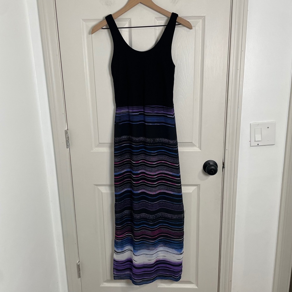 Maxi Dress Womens XSP Black Purple Stripes Cocktail Resort Vacation Date Night